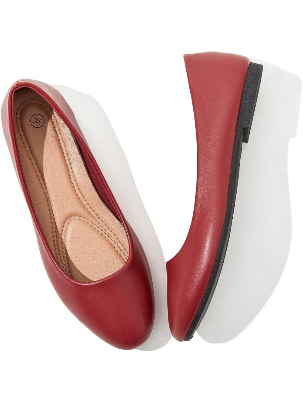 Womens Red PU Leather Pull-On Non Slip Low Heel Slip on Ballet Loafer Flat Shoes